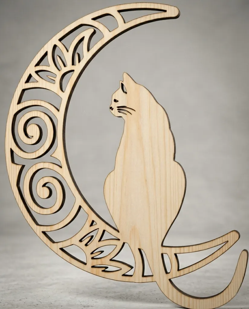 Cuadro monocapa madera natural gato luna